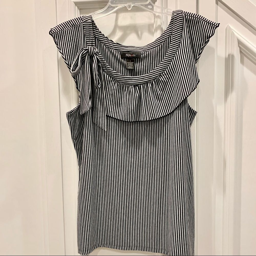 Style & Co Black & White Striped Cotton Top L